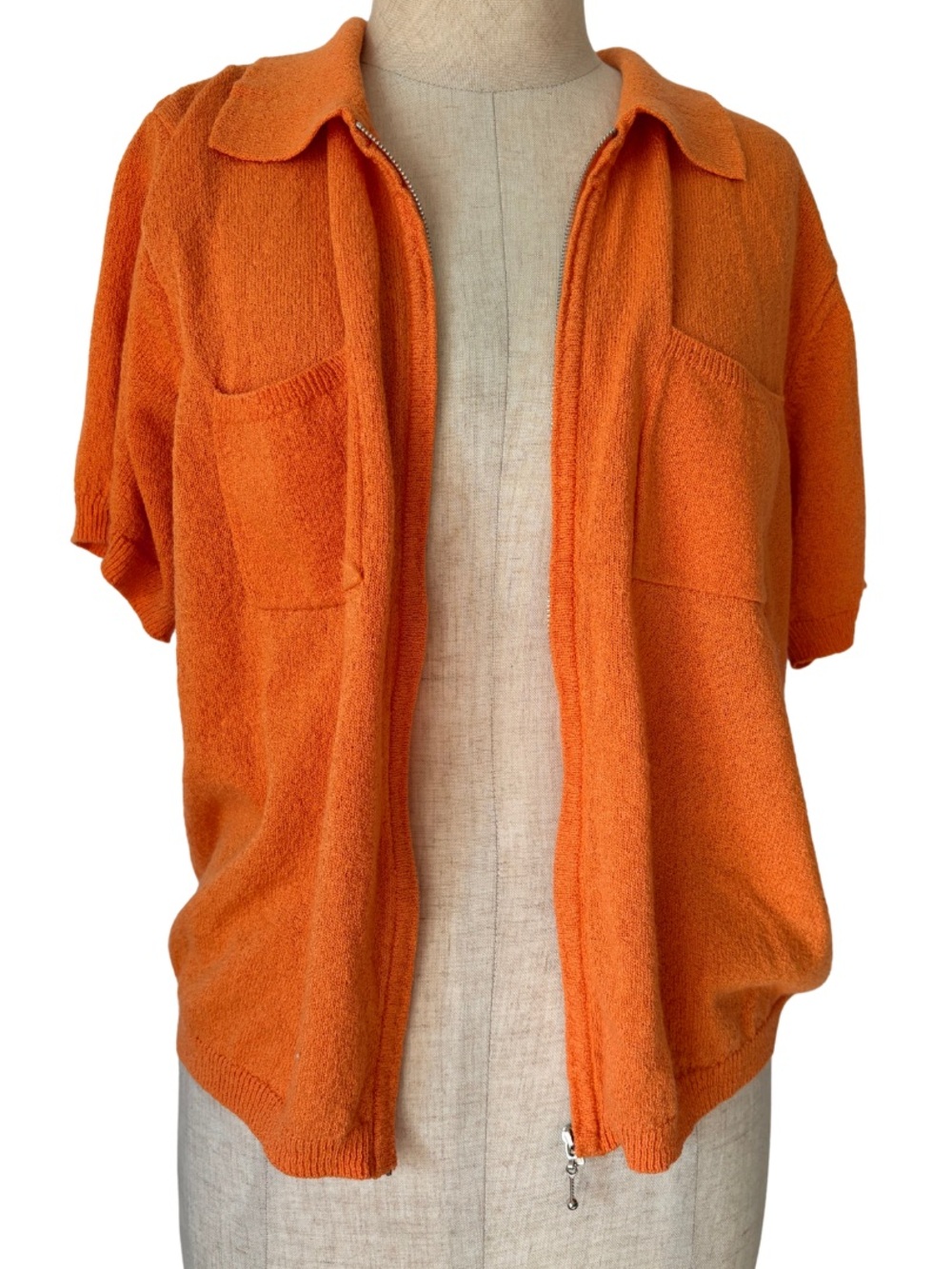 VTG Liz Claiborne Orange Solid Knit Collared Zip Front Short Sleeve Sweater M